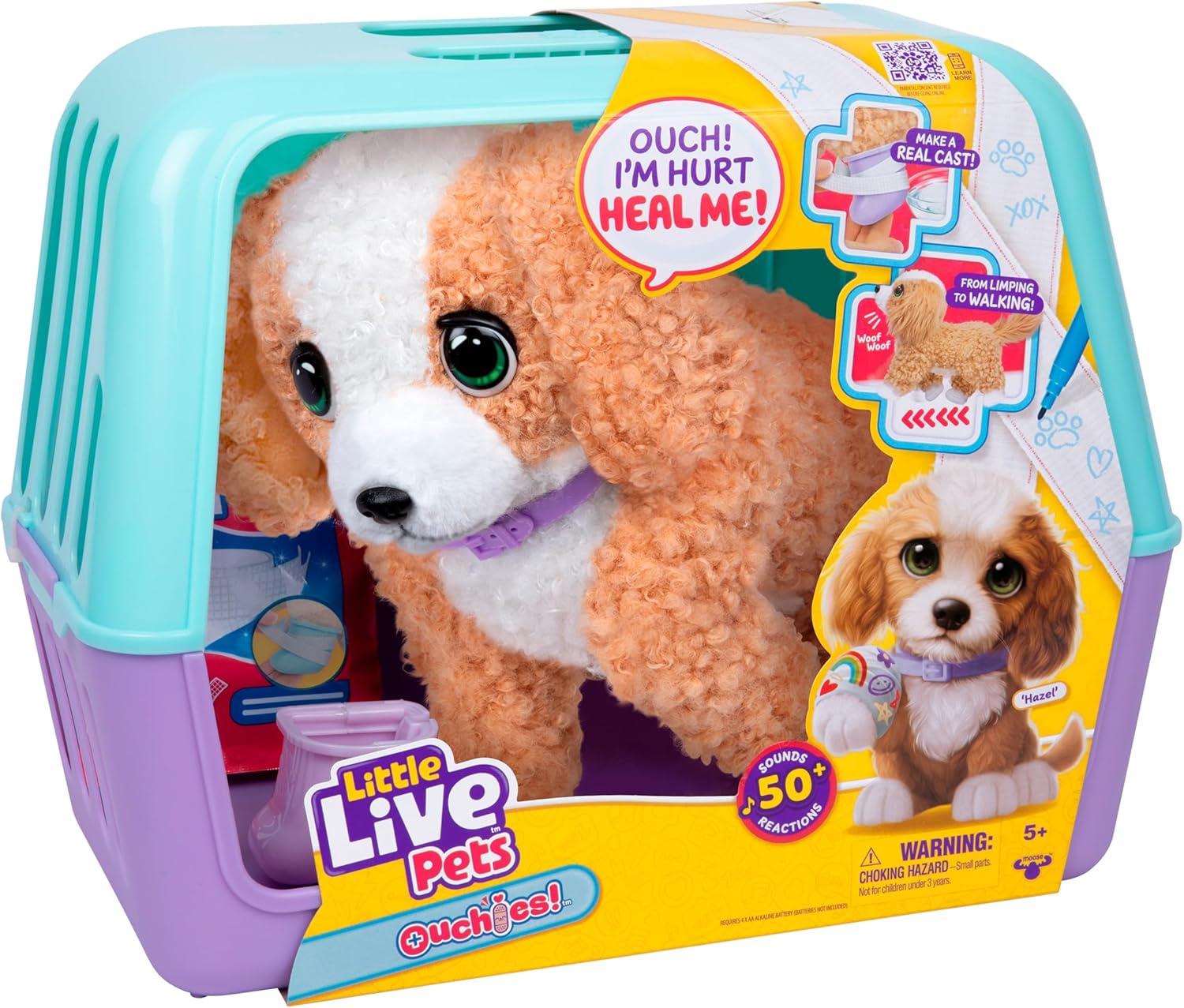 Little Live Pets – Ouchies: Hazel The Poodle, Plüschwelpe in der Transportbox mit Schiene und Verband, über 50 Geräusche