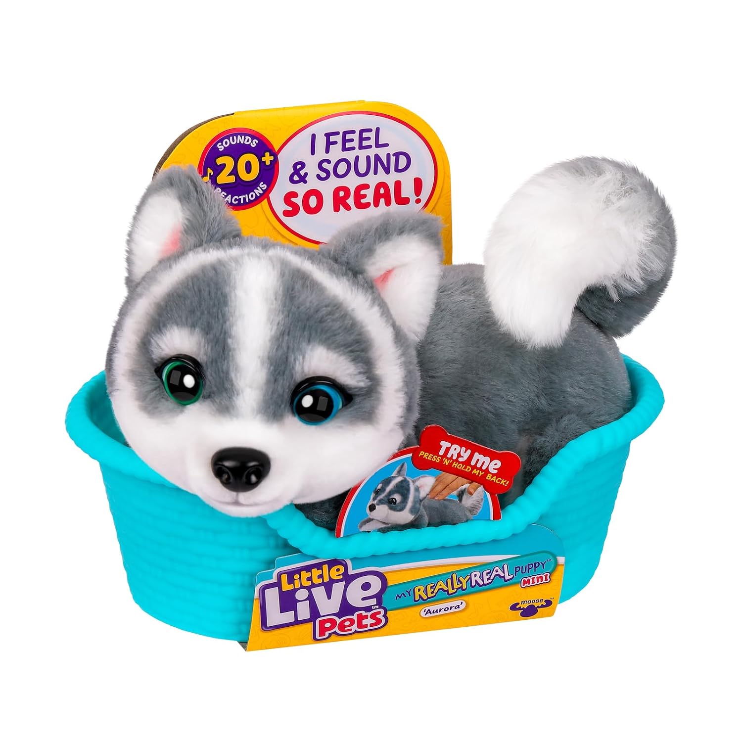 Little Live Pets – My Really Real Puppy Mini: Aurora, interaktiver Husky-Plüschwelpe im Körbchen mit über 20 Geräuschen